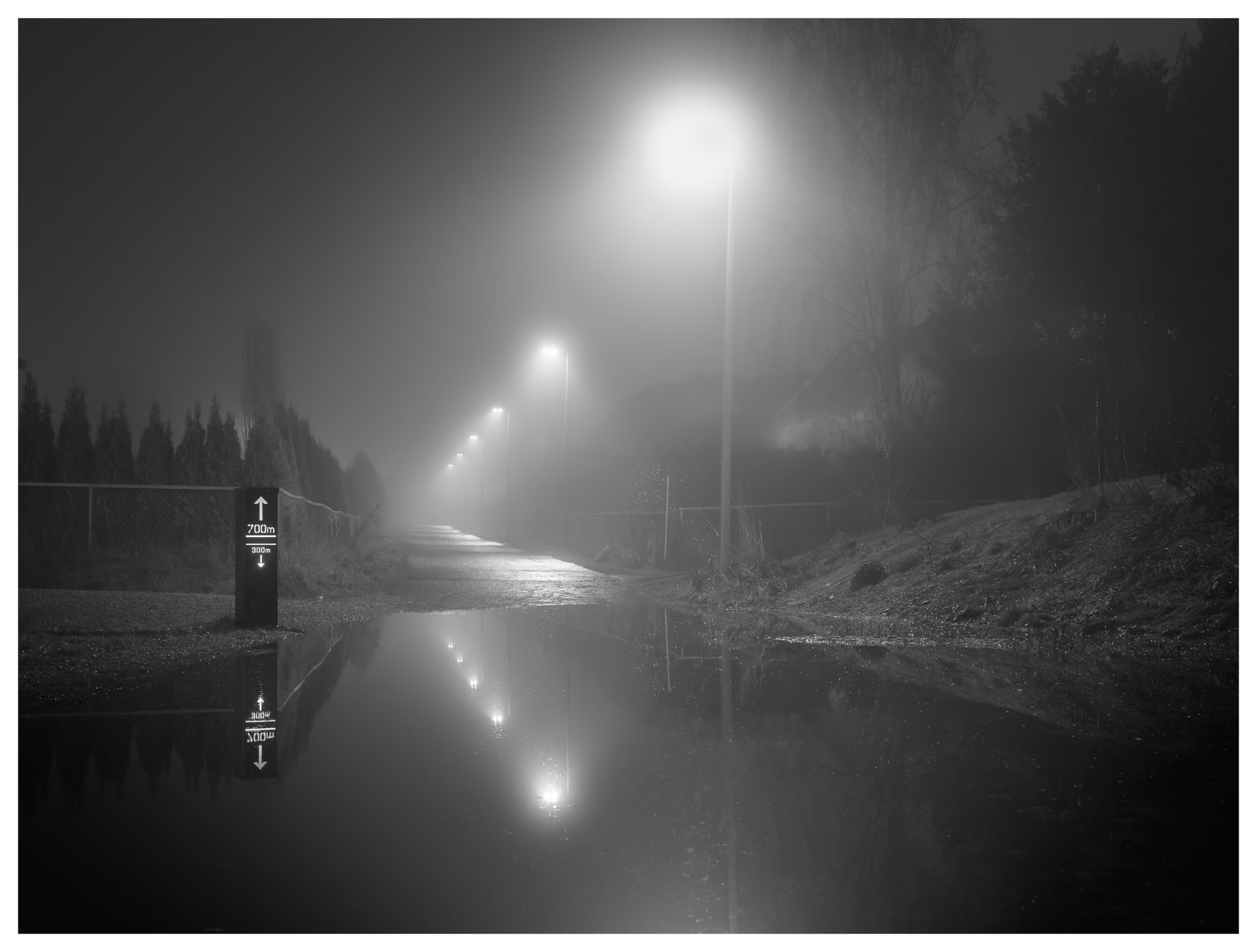 Foggy night path with glowing streetlights reflected in a large puddle, leading toward the distance beside a 700m trail marker.