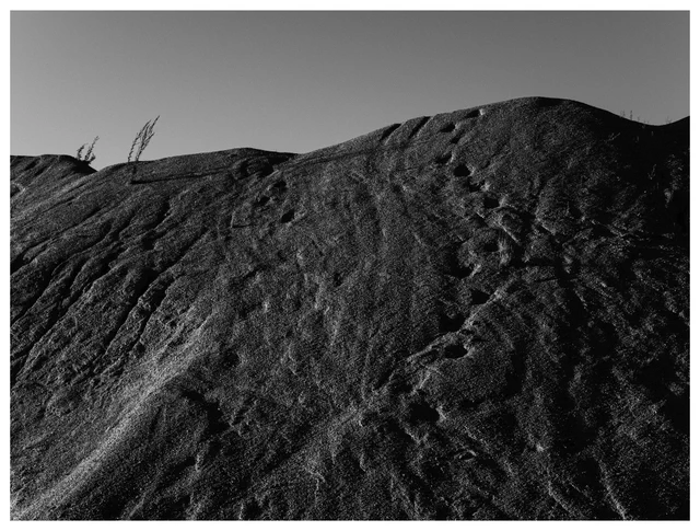 Black and white photograph of gravel mounds resembling a remote desert landscape, with a trail of mysterious tracks crossing the slope.