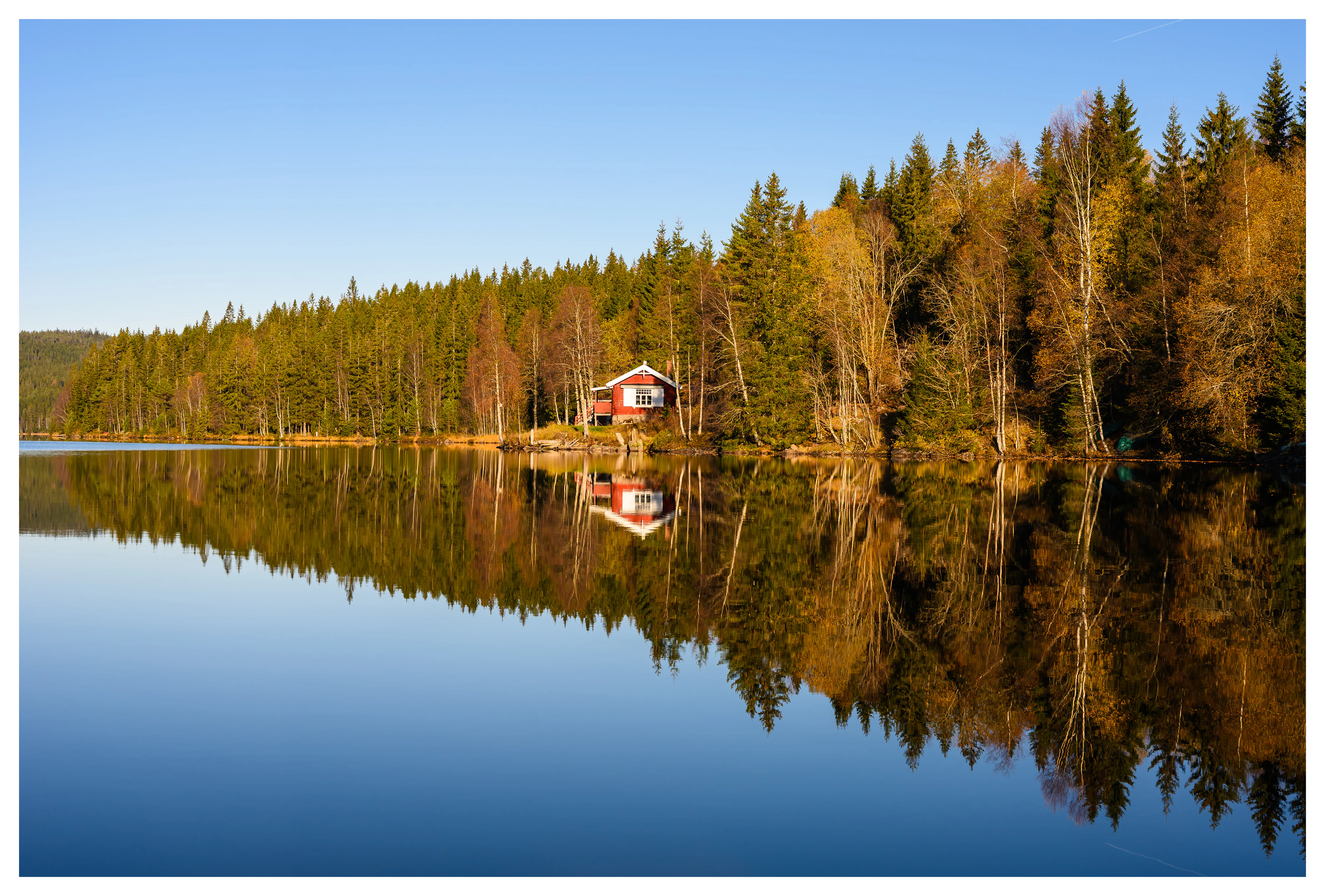Autumn forest and a red lakeside cabin reflected in calm water at Ørfiske lake in Nordmarka, Norway