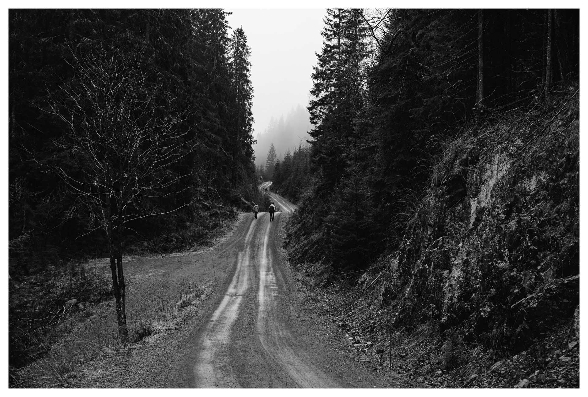 Black and white photograph of a forest road near Ørfiske, with two figures walking through misty woodland in Nordmarka, Norway