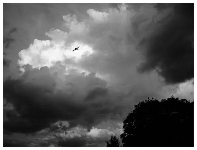 Black and white photograph of an airplane silhouetted against dramatic storm clouds above dark tree silhouettes.