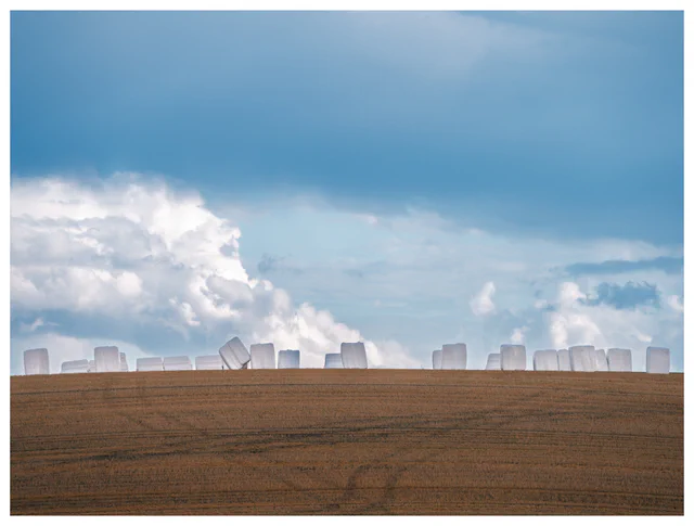 White wrapped hay bales scattered along the horizon of a harvested field beneath large summer clouds, with one bale leaning against another.