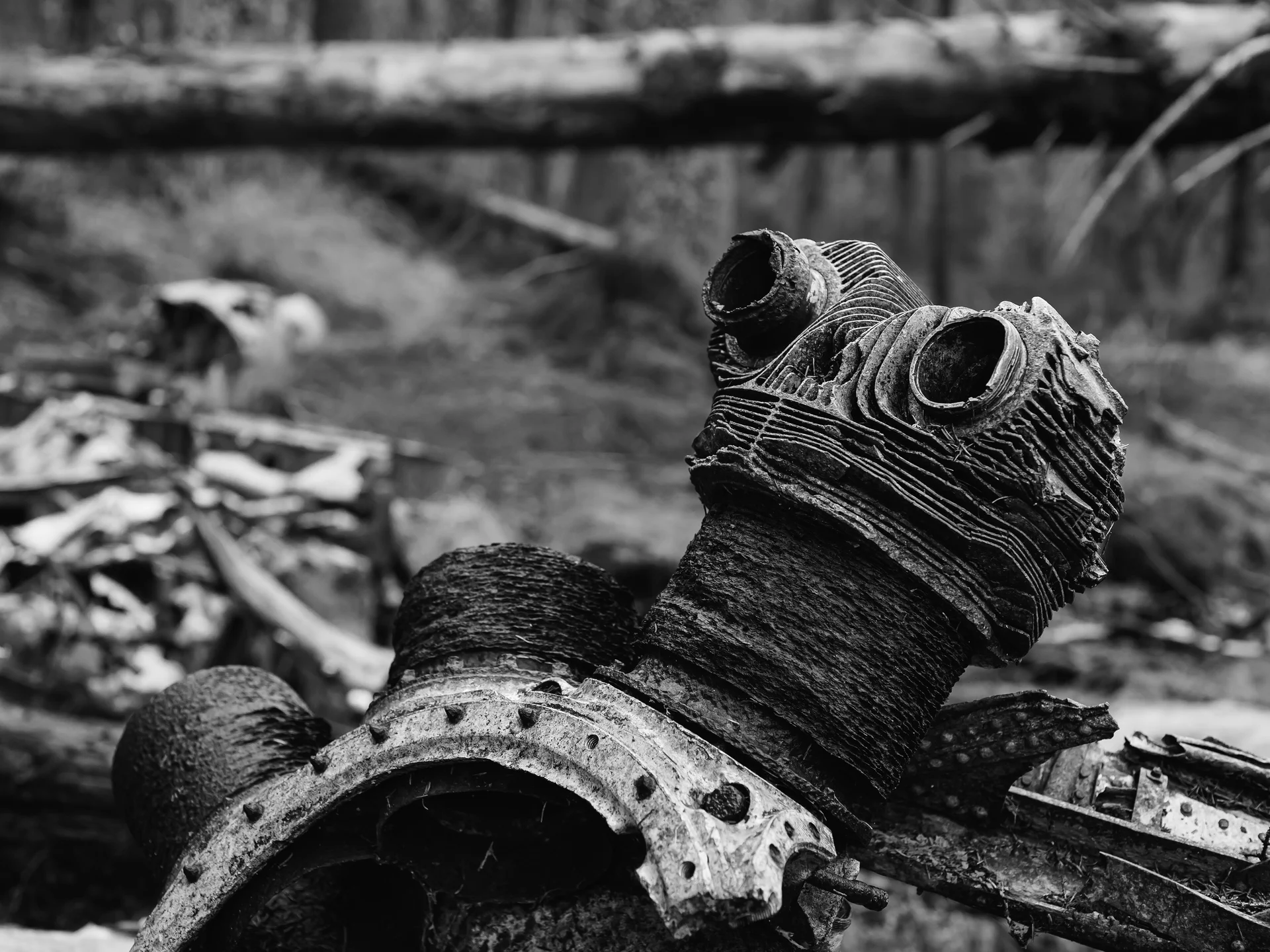 Remains of the Dornier Do-17M-1 World War II bomber wreck at Hansakollen in Maridalen, Norway, surrounded by forest undergrowth and historic debris.