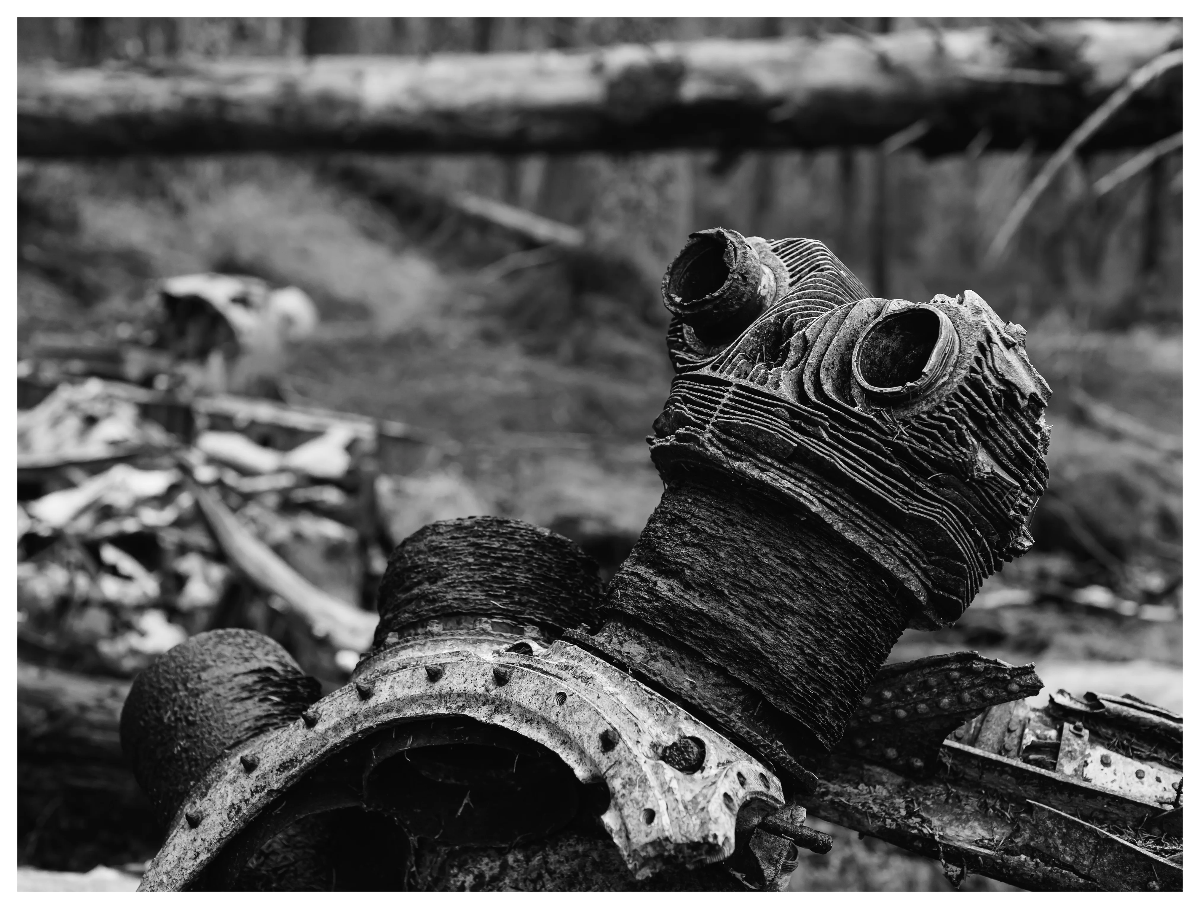 Close-up of corroded engine remains from the Dornier Do-17 light bomber that crashed at Hansakollen in 1942, showing layered metal textures and severe wartime decay.