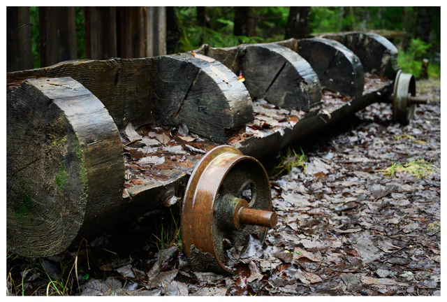 Abandoned industrial machinery with wooden drums and rusted metal wheels at the Gunpowder Factory in Nittedal (Kruttverket), Norway, photographed as a scene showing decay, texture, and industrial heritage.
