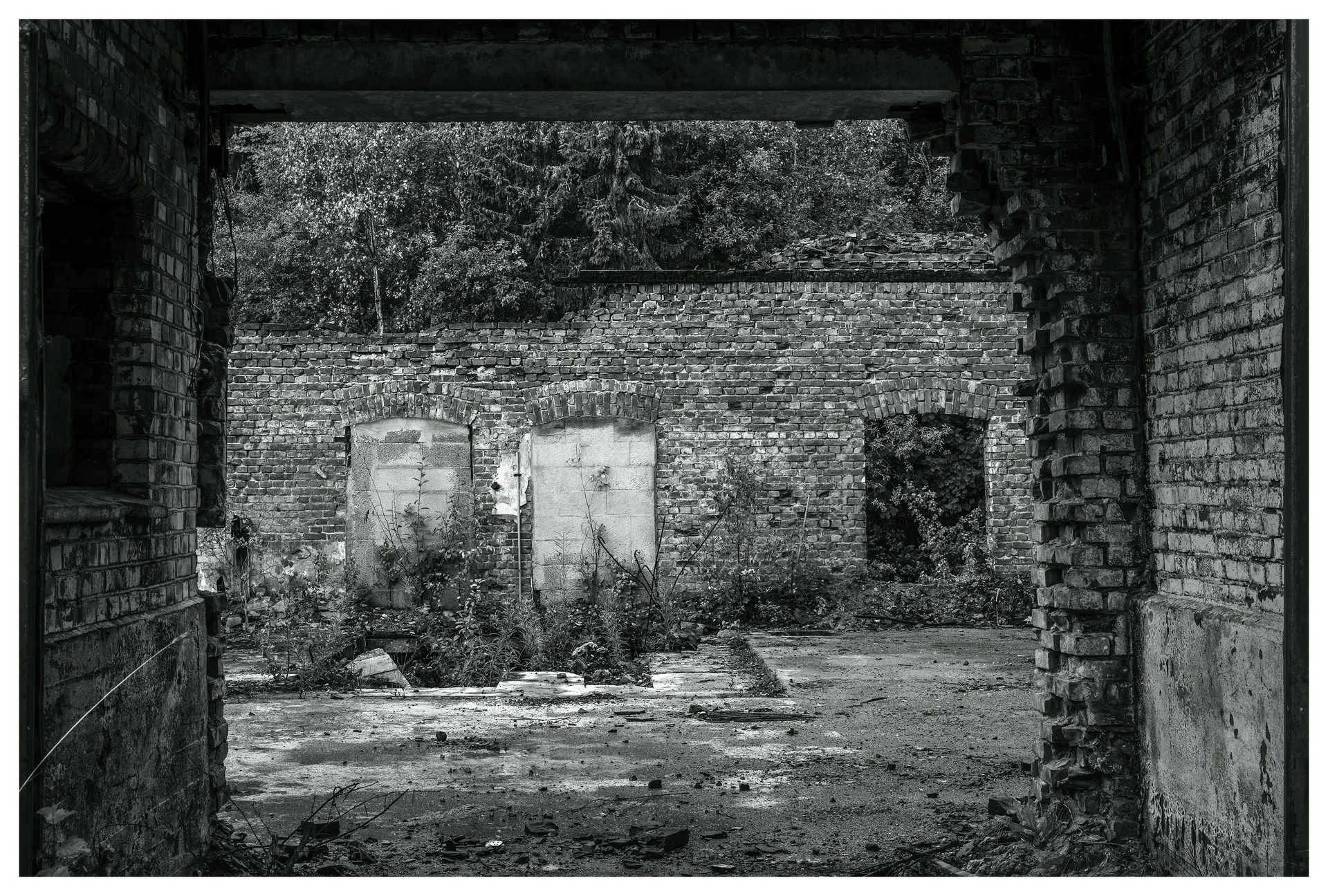 View through a broken brick doorway inside the abandoned Mago C power plant in Eidsvoll, showing a decayed interior wall with sealed windows, overgrown plants, and scattered rubble.