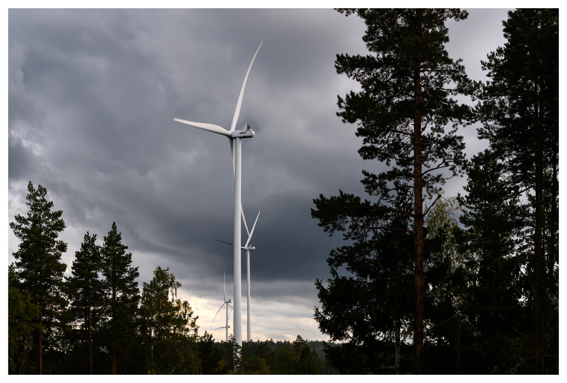 Color photo of wind turbines at the Marker wind farm in Norway, surrounded by tall forest trees under dark storm clouds and dramatic light.
